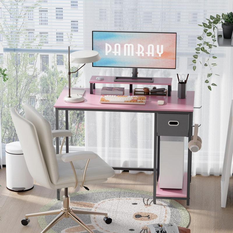 39 inch Computer Desk with Monitor Stand Small Home Office Desks with Non Woven Storage Drawer for Bedroom Study Table Writing and Work Desk Pink 17